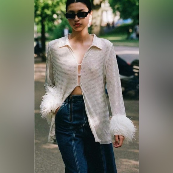Self-Portrait Tops - Self Portrait Cream Rhinestone Feather Shirt